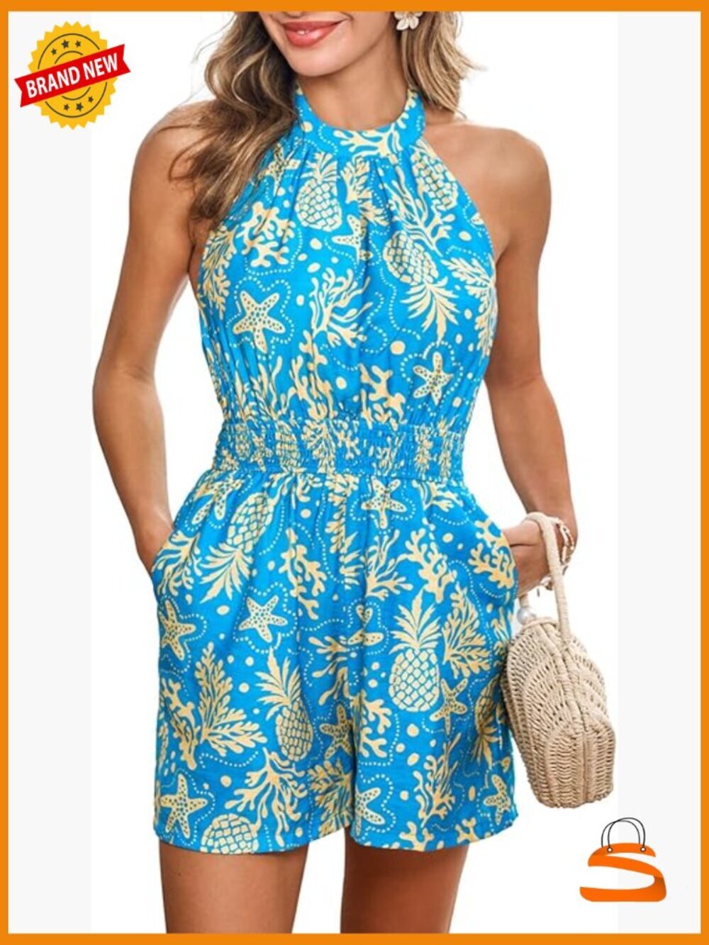 Halter Floral Romper with Pockets Smocked Waist Wide Leg Vacation Jumpsuit